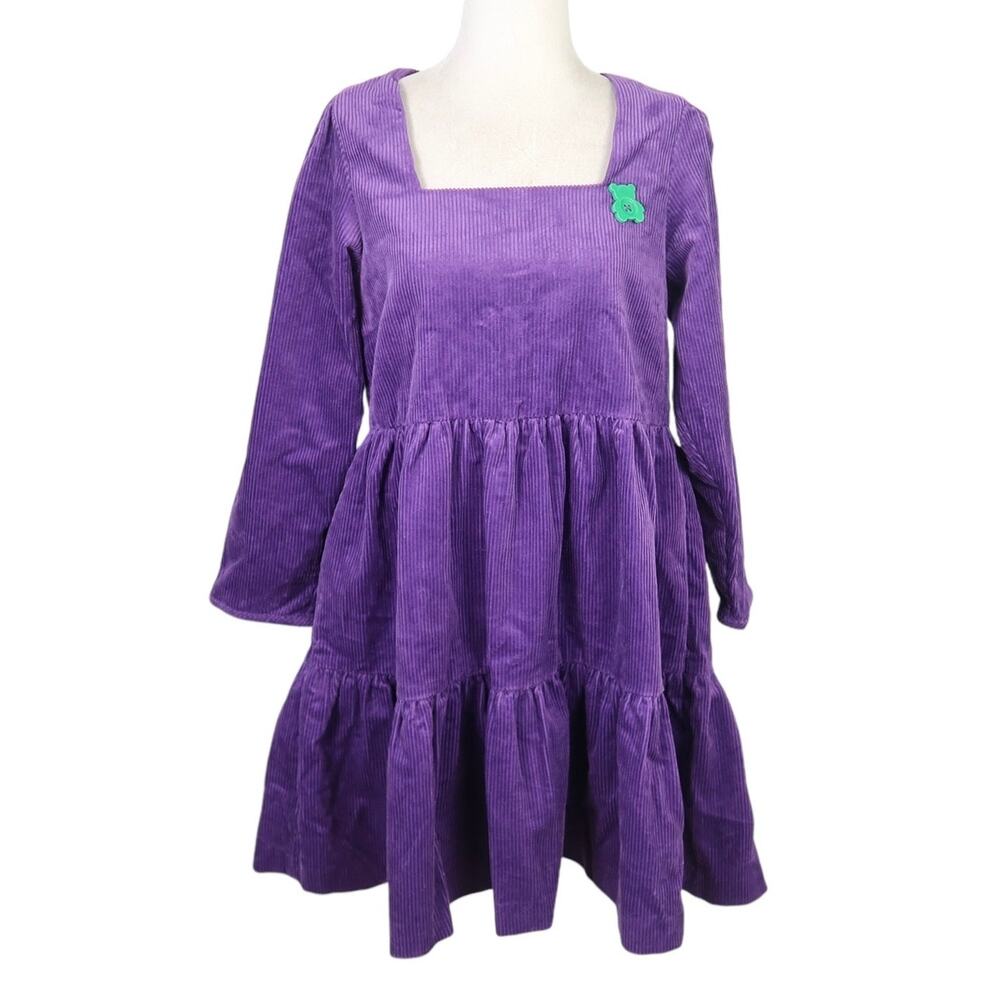 Teddy Fresh purple corduroy tiered long sleeve mini dress Small